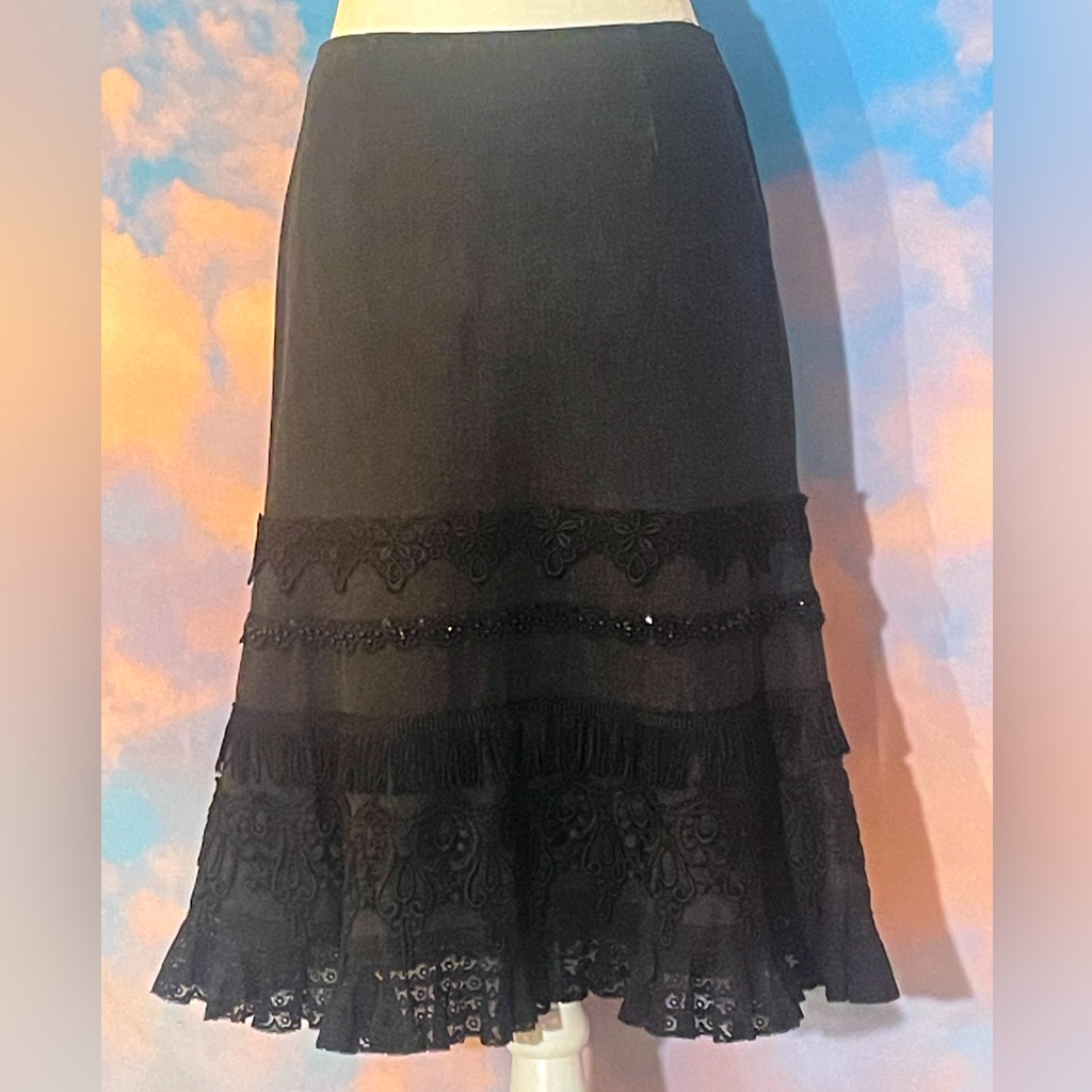 Black Beauty Denim With Lace/Fringe/Embroidered Trimmed Midi Skirt